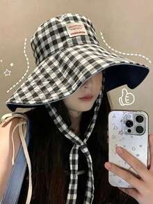 Mũ xô vành rộng họa tiết caro vintage phối màu tương phản kiểu patchwork, mũ chống nắng du lịch phong cách boho cho kỳ nghỉ xuân/hè, phối màu đơn sắc nổi bật, có dây buộc, chống tia UV, đi học - Nhiều màu - Xem 5