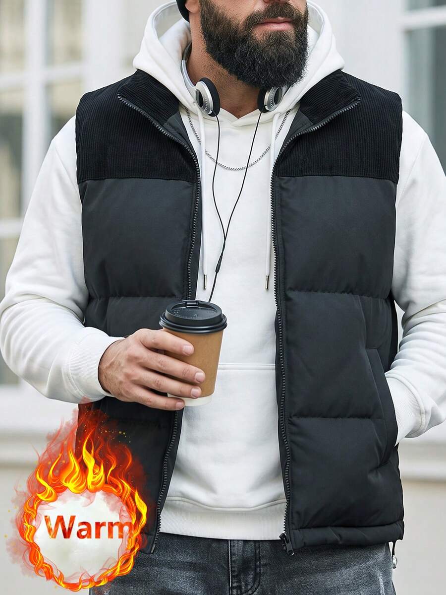 Men's Vest, Winter Warm Sleeveless Jacket, Fashion Patchwork Design, Business Casual Waistcoat - Black - View 1