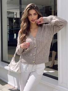Women Autumn Cable Knit Cardigan V Neck Long Sleeve Button Down Fuzzy Sweater Coat Casual Festival Outfit - Grey - View 1