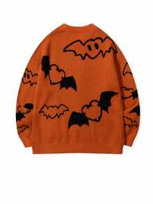 BLACKTOEXIT Spring Autumn Winter Men's Women's Halloween Limited Edition Letter Bat Pattern Long Sleeve Crew Neck Casual Versatile Loose Drop Shoulder Pullover Knit Sweater Top - Orange - View 7
