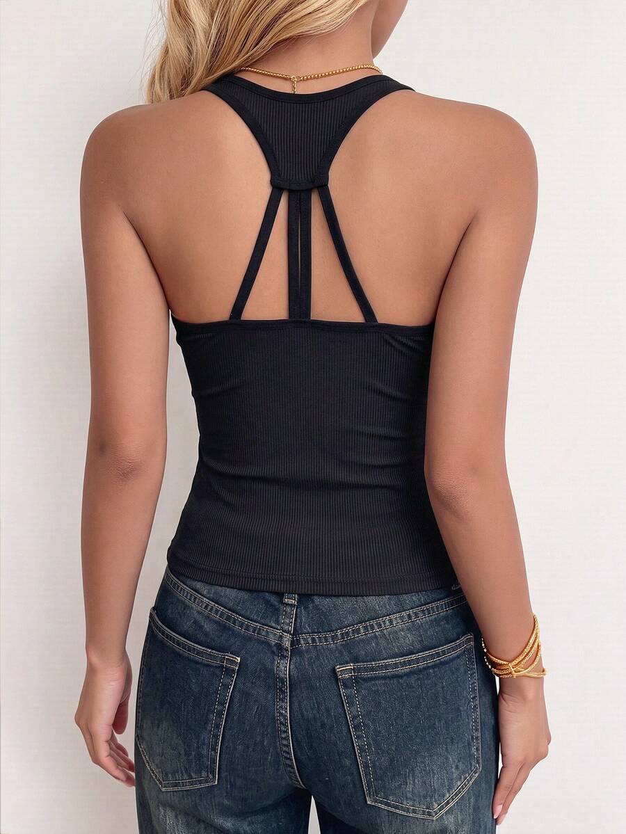 Women's Solid Color 3-Strap Hollow I-Back Tank Top, Black Ribbed Slim Fit Waist-Cinching Camisole, Backless Innerwear, Outerwear, Casual, Sports - Black - View 1
