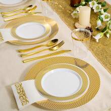 10pcs White Plastic Dinner Plate Set, Gold Rim Decoration, Washable And Reusable. Plate Size In Inches, Made Of Premium Heavy-Duty Material, Elegant Gold Rim Design, Suitable For Large Catering Events, Weddings, Birthday Parties, Graduation Balls, Dinner Parties, Gatherings And Christmas Occasions - Gold - View 4