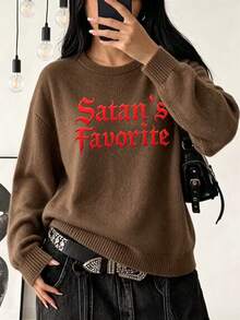 Plus Size Women's Faux Sweater, Gothic Letter Print, Fashion Casual Top, Suitable For Autumn/Winter, Daily Wear And Gift Choice - Coffee Brown - View 3