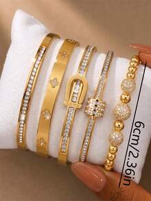 5Pcs Ins Chic Stack Bracelet Set, Assorted Rhinestone Clover Stud Gold Bangle, Aesthetic Stainless Steel Wrist Ornaments For Daily Street Style - Gold - View 5