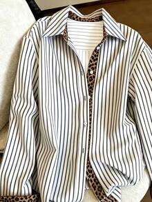 Women's Vintage Striped Leopard Print Shirt Collar Long Sleeve Button-Up Top, Suitable For Autumn Wear - Multicolor - View 6