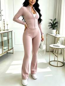 Spring/Autumn Best-Selling Women's 2 Pieces Set, Fashion Slim Fit Solid Color Zip-Up Jacket And Long Pants, Polyester Fitness Yoga Fabric Elegant - Light Pink 156 - View 2