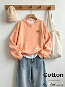 Women's Peach Pullover Sweatshirt With SunflowerPrint, Rib-Knit Details,Round Neck, Long Regular Sleeves,Medium StretchKnitted FabricFall Outfits - Hami Melon Orange - View 4