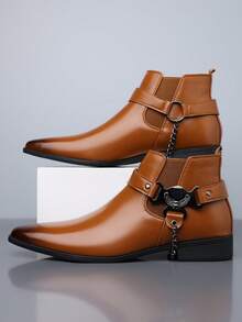 1 Pair Men's Chain Decor Pointed Toe Mid-Top PU Upper Rubber Sole Comfortable Casual Shoes For Daily Wear And Party - Brown - View 2