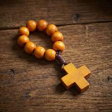 1/2/5pcs Natural Wooden Cross Pocket Rosary Jewelry Set, Prayer Bead Ring, Portable Religious Faith Accessory, Suitable For Daily Prayer And Church, Unisex, Wooden Bead Cross Pendant - Multicolor - View 7