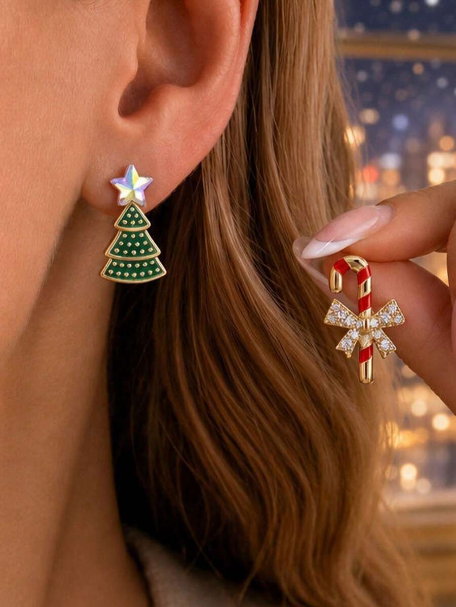 Christmas Gift Earrings - Diamond-Studded Christmas Tree Walking Stick Candy Unique And Versatile Stud Earrings - Multicolor - View 1