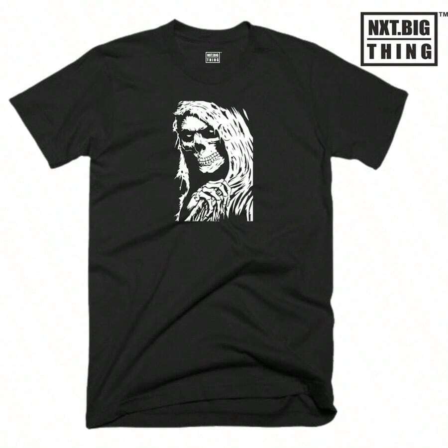 Unisex Pure Cotton T-Shirt, Large Size, Suitable For Slightly Overweight People, With Grim Reaper, Death, Halloween Ghost, Dol Print - Black - View 1