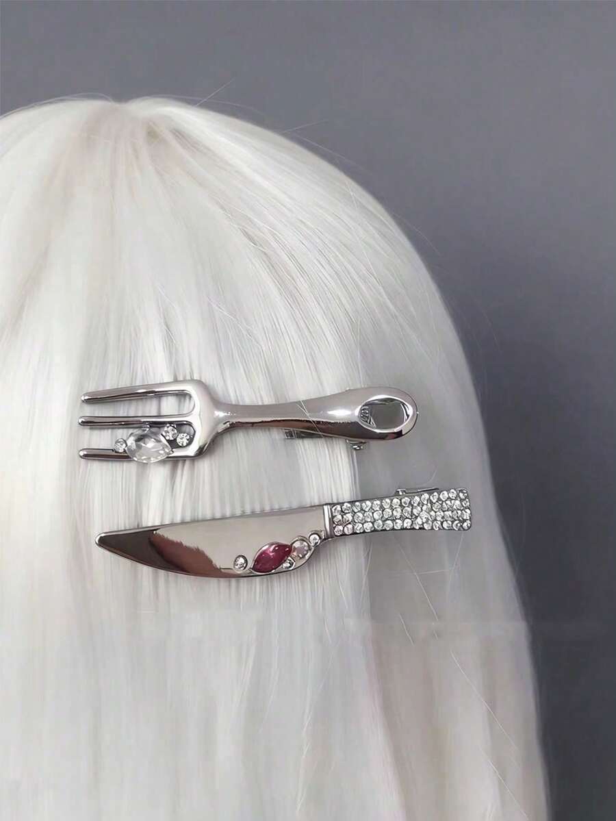 2PCS Novelty Knife And Fork Rhinestone Hair Clips Set, Silver Metal Weird Cool Barrettes, Unique Decor Hair Pins For Y2K Street Style - Multicolor - View 1
