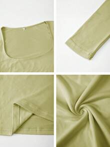 GLAMSKIN 女款條紋性感修身長袖針織上衣，純色方領基礎 T-shirt，適合秋季出遊、日常休閒街頭穿搭、返校季 - 豆綠色 - 查看 11