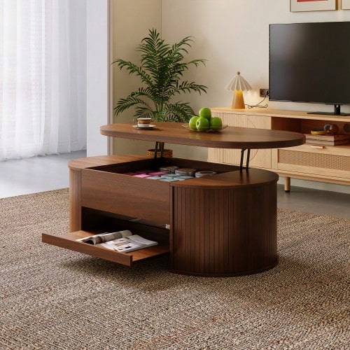 Lift-Top Coffee Table, Coffee Table With Curved Wood Sides, Pull-Out Shelf, Lift-Top Table, Multifunctional Living Room Furniture. - View 1
