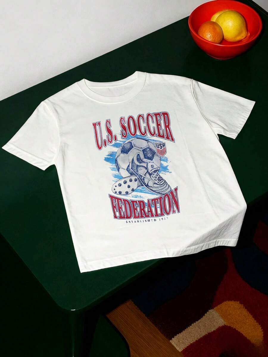 Parisian Minimal Cotton Crew Neck T-Shirt, Retro Athletic Football Typography, Elegant Daily Outfit, Summer Staple, Refined Casual Gift - White - View 1