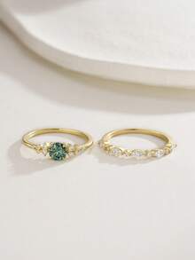 Besthing 2pcs S925 Sterling Silver 0.5CT Green Moissanite Round Main Stone & Teardrop Diamond Stackable Ring Set For Women, High Quality Wedding Engagement Marriage Gift For Wedding Season - Multicolor - View 8