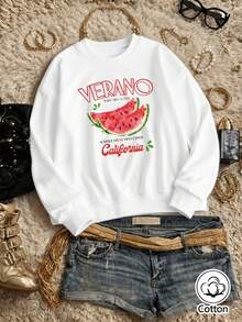 Women's Loose Fit Crew Neck Sweatshirt With Watermelon Graphic & Text Print, Breathable Casual Pullover For Spring Summer Daily Wear - White - View 3