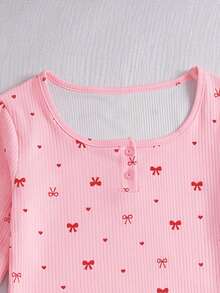 Girls 2-Piece Bow Print Pajama Set, Pink Ribbed Square Neck Long Sleeve Top + Ruffle Wide Leg Pants, Soft Comfortable Loungewear - Pink - View 6