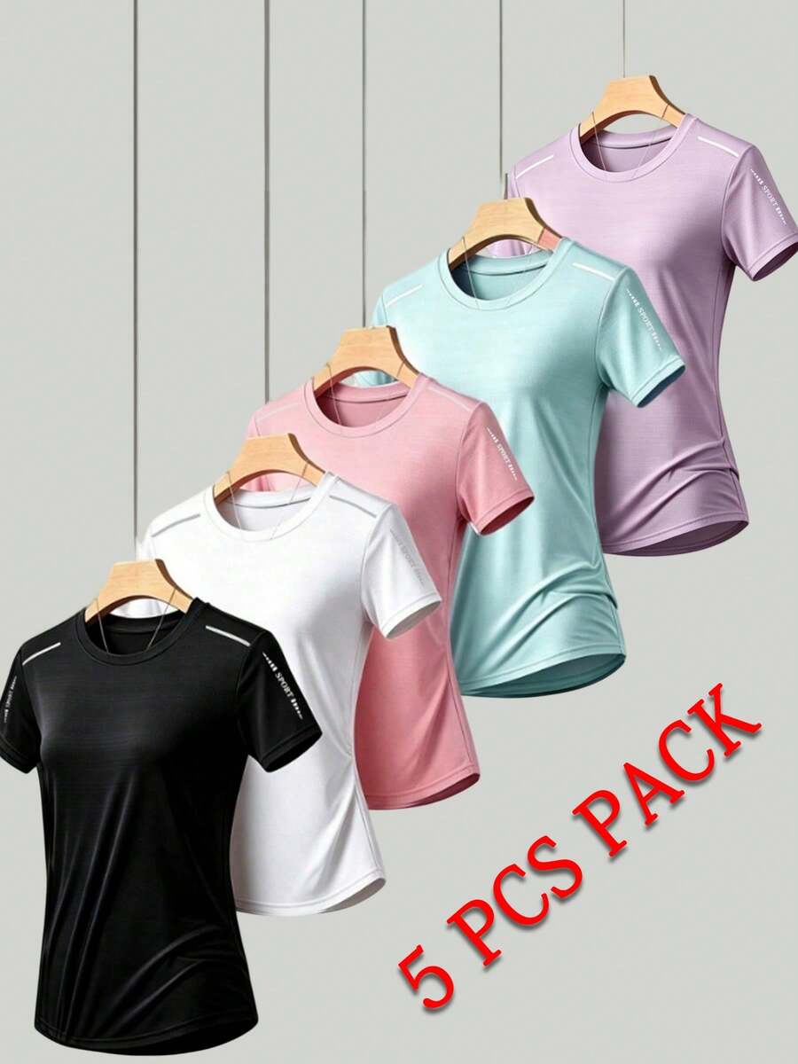 [5pcs/Pack] Women's New Quick-Dry Short Sleeve T-Shirt, Multi-Color Round Neck With Reflective Shoulder Stripes, Versatile Solid Color Sports T-Shirt - Multicolor - View 1