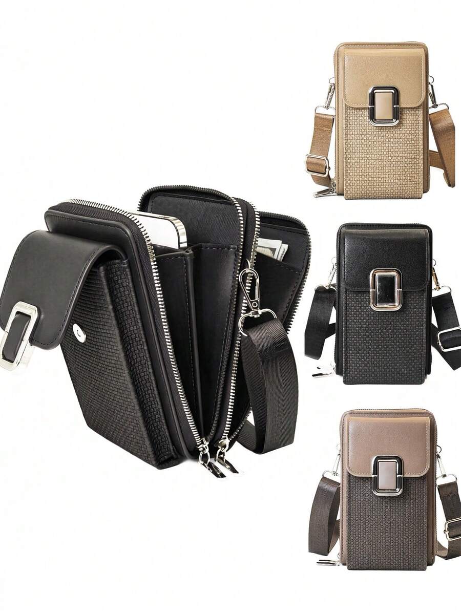 New Vintage PU Woven Texture Crossbody Bag, Multi-Functional Large Capacity Double Zipper Phone Wallet, Fashionable Minimalist Yet Exquisite And Soft, Suitable For Casual, Vacation, Dating - Multicolor - View 1