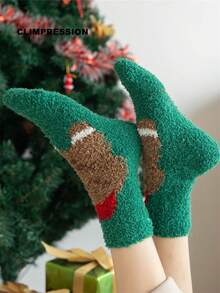 CLIMPRESSION Christmas Pattern Mid-Calf Socks, Soft Coral Fleece Warm Slippers Socks, Green Holiday Indoor Floor Socks, Women's - Green - View 5
