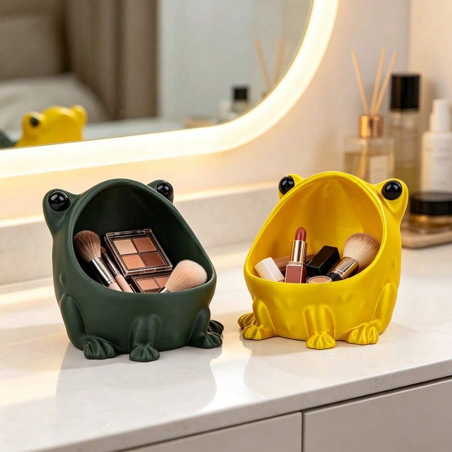 1/2pcs Frog Shaped Storage Tray Cosmetic Organizer Box 3D Printed Decorative Makeup Tool Holder Bowl Vanity Tabletop Decor Holiday Gift Aesthetic Room Decoration Unique Fun Frog Figurine Jewelry Storage Box - View 1