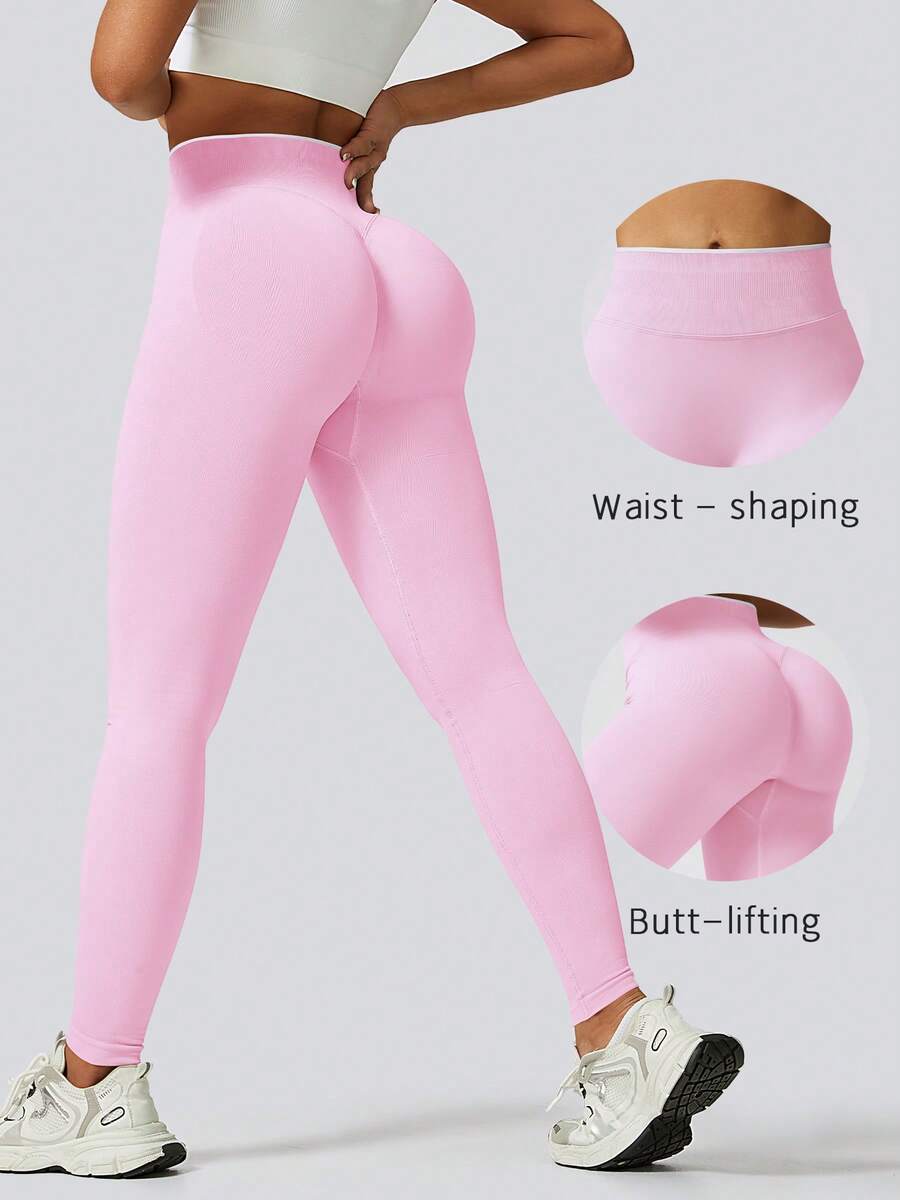 Women's Pink Colorblock Fitness Leggings, Ribbed Waist Butt-Lifting Shaping, Suitable For Gym Yoga Running, Autumn/Winter Sportswear - Pink - View 1