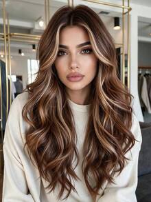 18‑Inch Long Wavy Wig With Brown‑Gold Highlights, Breathable Mesh‑Cap High‑Temperature‑Resistant Synthetic Wig, Suitable For Daily Commuting, Halloween And Christmas Parties - Multicolor - View 2