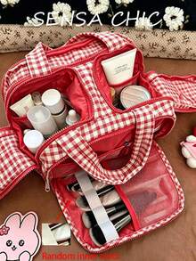 Fashionable Red Plaid Makeup Bag With Dual Handles, Multi-Compartment Interior Design Including Elastic Makeup Brush Slots And Mesh Pockets. Full Zipper Closure And Foldable Design For Convenient Organization Of Skincare, Makeup Brushes And Cosmetics. Soft And Lightweight Fabric Material, Ideal For Short Trips And Daily Makeup Storage. (Lining Fabric Random) - Red - View 3
