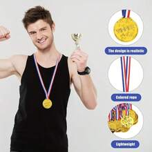 10pcs Plastic Gold Winner Medals With Red White Blue Lanyard, Five-Point Star Embossed Pattern, Lightweight And Durable, Sports Competition Game Reward, Party Small Prizes, Ball Games, Sports Medals - Multicolor - View 3