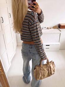 Women's Basic Knit Striped Long Sleeve Cropped T-Shirt, Autumn Outfit, Autumn Top, Commute Fashion Styling. - Coffee Brown - View 10