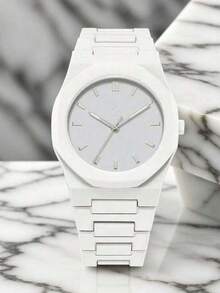 4PCS Men's White Watch Set, One-Piece White Resin Strap, Minimalist Casual Style, Octagonal Minimalist Dial, Paired With Men's Bracelet, Men's Ring, Men's Crystal Pendant Necklace Full Set Of Men's Accessories, Suitable For Summer Wear, Birthday, Valentine's Day, Father's Day Gift, Luxury Gift For Boyfriend Or Son - White - View 2