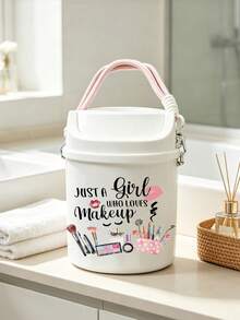 Portable Printed Makeup Storage Bucket With Lid, Large Capacity Cross‑Body Cosmetic Organizer, Dust‑Proof For Lipstick Brushes Eyeshadow Palette, Desktop Bathroom Dorm Vanity Storage For Girls Makeup Lovers, Back‑To‑School Gift - Multicolor - View 5