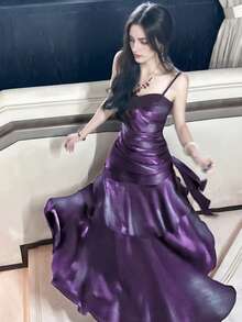 Shiny Ruffle Hem Party Dress, Elegant Iridescent Spaghetti Strap Concert Outfit, Summer Spring Apparel Wedding Fall - Purple - View 2