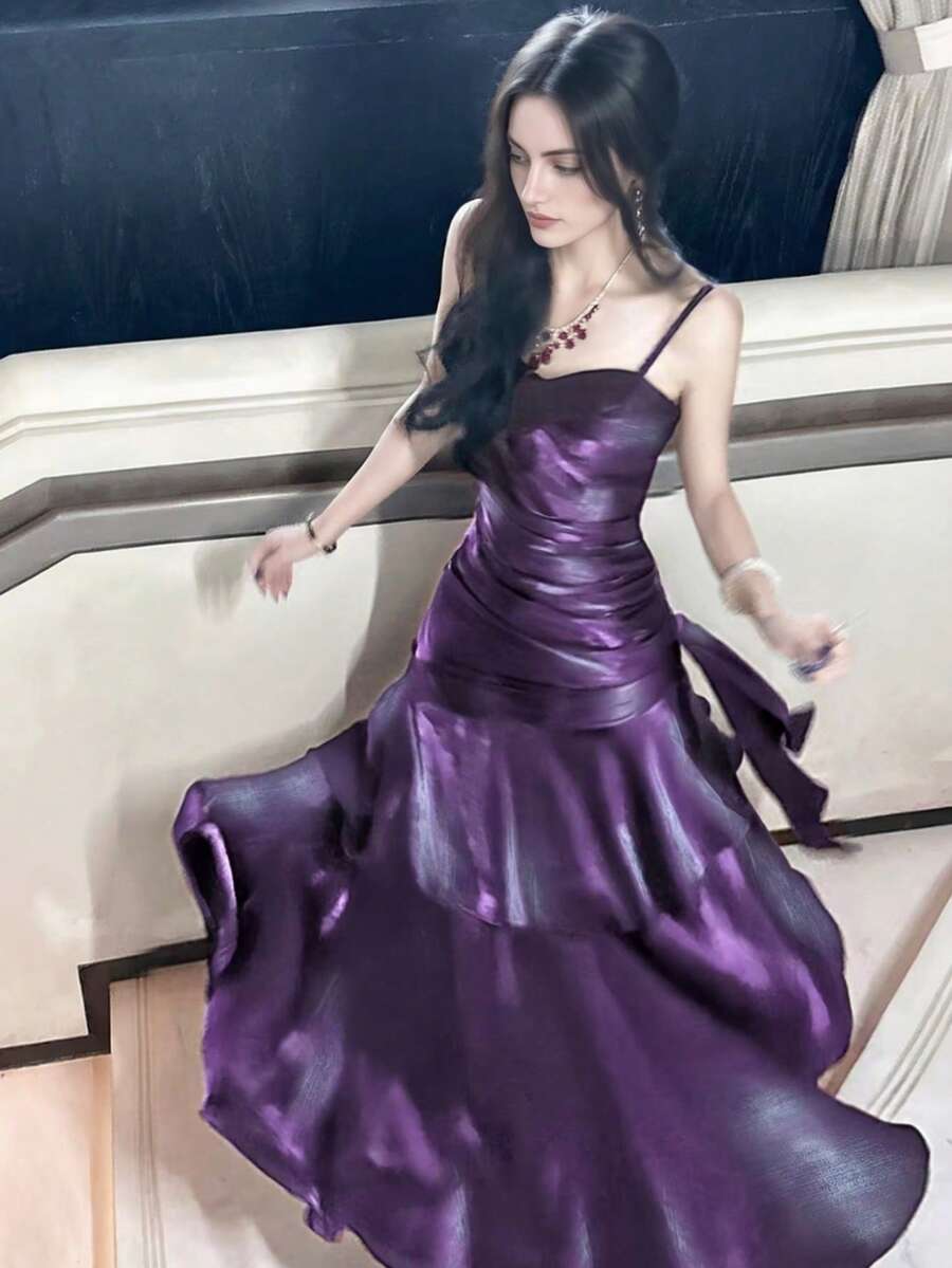 Shiny Ruffle Hem Party Dress, Elegant Iridescent Spaghetti Strap Concert Outfit, Summer Spring Apparel Wedding Fall