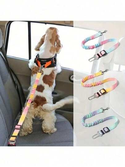 1 Pack Pet Car Seat Belt, Gradient Color Retractable Dog Leash, Rainbow Style Pet Leash, Elastic Buffer Car Seat Belt Nylon Seat Belt, Heavy Duty Durable Dog Car Seat Belt, Dog Seat Belt, Make Your Dog Travel Safer! Dog Outdoor Supplies,