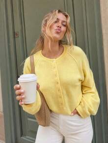 Women's French Fresh Round Neck Knit Cardigan, Spring/Autumn Raglan Sleeve Single-Breasted Loose Lazy Yellow Lightweight Sweater - Yellow - View 2