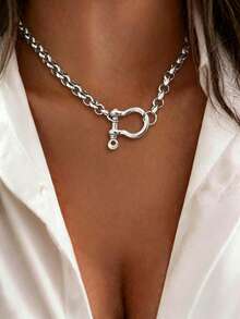 1pc Silver Letter Necklace, Luxury Oval Double Buckle Heart-Shaped Lock Diamond Pendant Necklace, Exquisite Holiday Party Gift For Women - Silver - View 22
