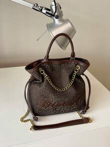 Brown Leopard Print Chain Bag, Drawstring Closure Handbag, Vintage Style Daily Shoulder Crossbody Small Tote Bag For Women - Coffee - View 9