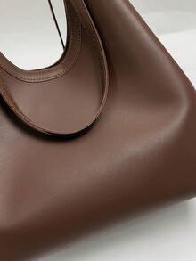 Minimalist Commuter Style Dark Brown Tote Bag, Soft PU Fabric, Open Top, Large Capacity, Adjustable Shoulder Strap, Women's Handbag/Shoulder Bag For School - Coffee - View 4