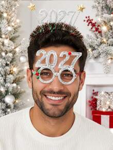 10件組 2027新年派對配件，拍照亭趣味眼鏡與髮箍，紅綠金銀亮片數字設計，適合派對、倒數活動與慶祝場合，成人與賓客適用，跨年夜裝飾，2027派對用品 - 彩色 - 查看 4