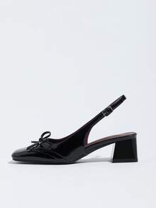 Premium Glossy Chunky Heel Slip-On Backless Outdoor Elegant Women's High Heel Sandals - Black - View 4