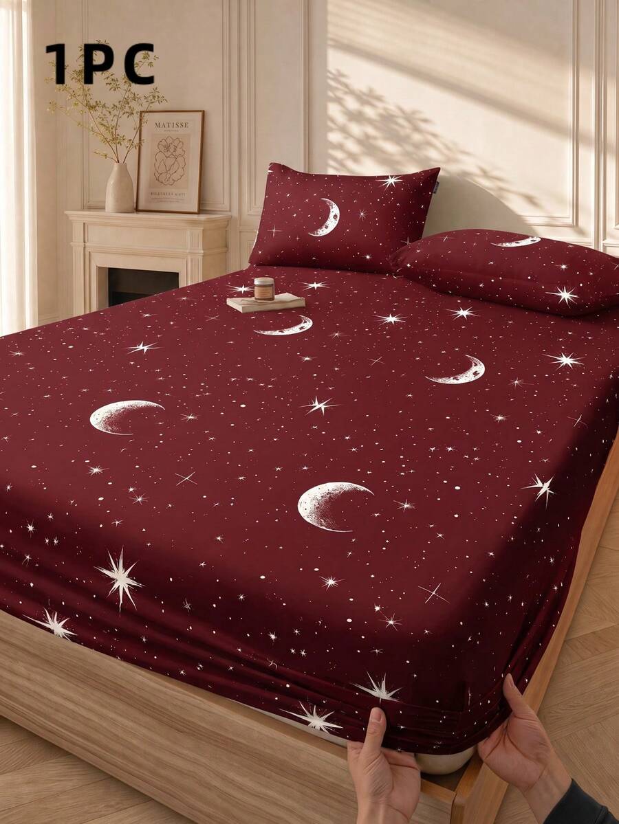 1 buah Sprei Fitted Motif Bintang & Bulan Burgundy Modis, Pelindung Kasur, Penutup Kasur, Seprai, Lembut & Bernapas, Cocok untuk Semua Ukuran Kasur - Twin, Full, Queen, King, Kantong Dalam Hingga 11,8 Inci, Dapat Dicuci dengan Mesin. Musim Kembali ke Sekolah, Perlengkapan Penting untuk Asrama - Burgundy - View 1