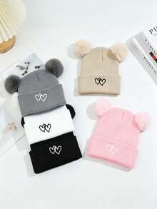 Heart Embroidery Double Pom Pom Baby Knitted Hat, Cute Baby Woolen Hat, Fashionable Versatile Ear Protection Hat - Multicolor - View 5