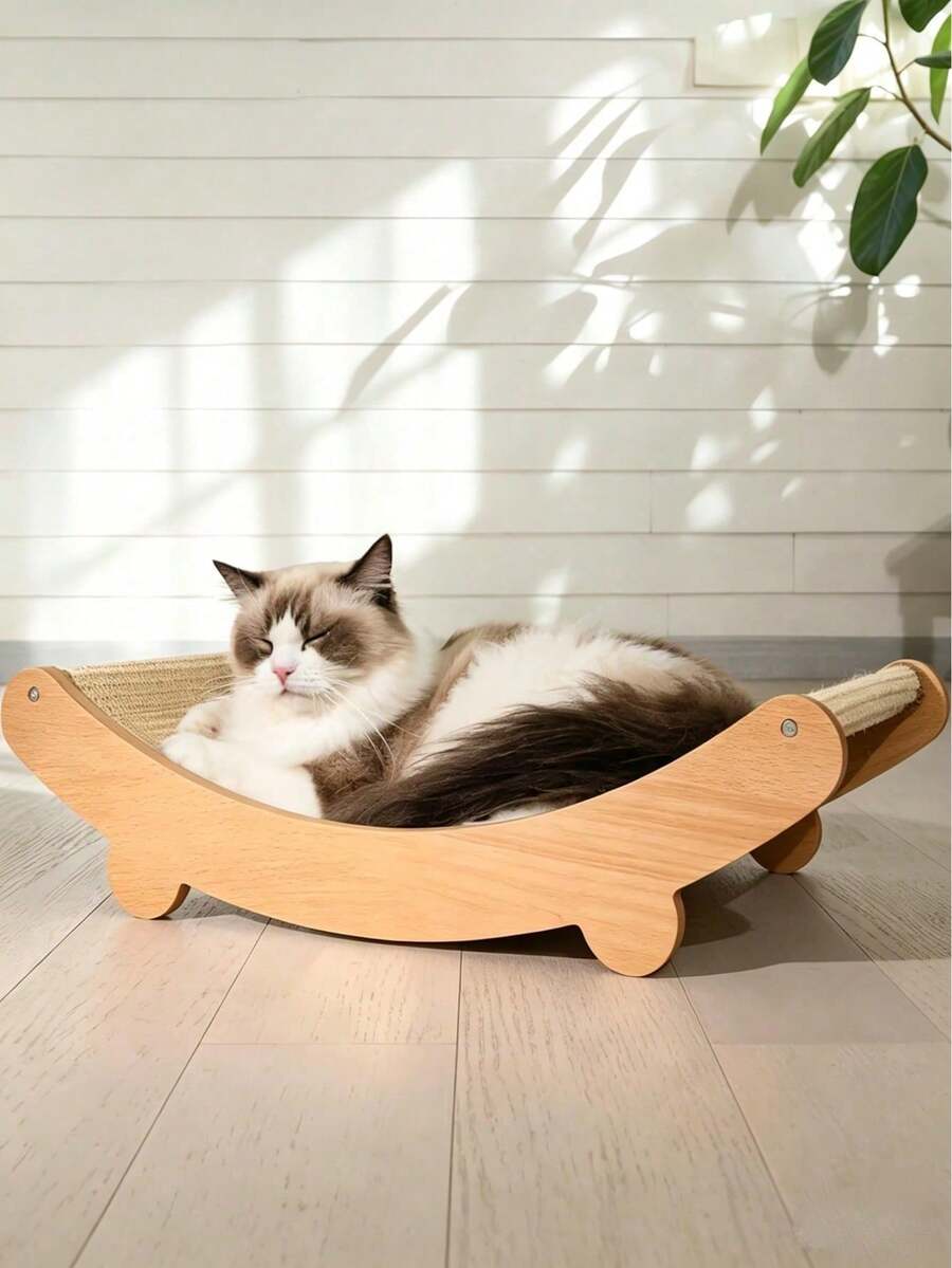 1 pieza Cama‑rascador para gatos de madera, hamaca con superficie de sisal, diseño curvo estable, lugar cómodo para descansar y afilar uñas, ideal para gatos de diferentes tamaños, accesorio práctico para el hogar, protege muebles y brinda entretenimiento a tu mascota - Champán - Ver 1