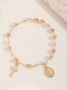 1pc Pure Copper Handmade Beaded Virgin Mary Bracelet, Suitable For Women's Daily Wear And Decoration - Yellow Gold - View 4