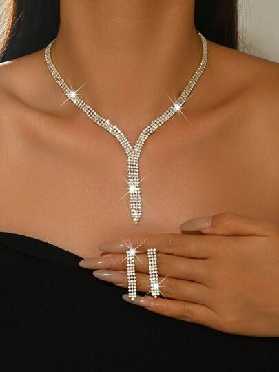 Minimalist Elegant V-Shaped Draped Necklace & Earrings Set, Luxury Ball Wedding Bridal Jewelry And Party Gift
