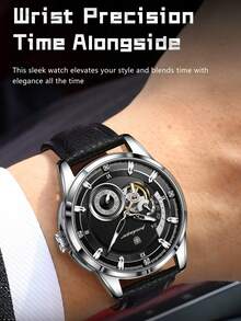 POEDAGAR 1pc Business Men's PU Leather Automatic Mechanical Skeleton Tourbillon Watch, Fashion Waterproof Luminous Wristwatch For Daily Occasions, Men's Gift - one-size - View 8