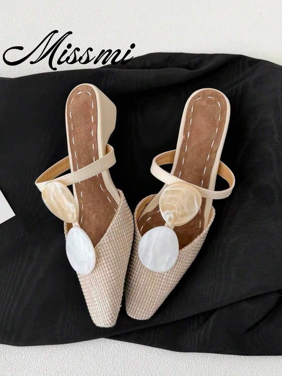 French Elegant Satin High Heel Pink Closed-Toe Half-Slipper Fairy Shoes 2026 Spring/Summer Pointed Toe Rhinestone Shoes - Beige - View 1