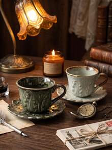 DearDali 1 Set Vintage Embossed Lily Of The Valley Ceramic Cup And Saucer Set, Kiln Glazed Rim Coffee Latte Cup, Vintage Relief Tabletop Decor Afternoon Tea Cup, Aesthetic Tableware, Tea Cup, Suitable For Coffee Or Tea, Fun Gift Cup For Friends - Multicolor - View 4